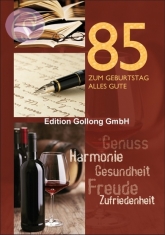 Klappkarte 85. Geburtstag, Buch/Brief/Wein