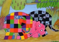 Postkarte Elmer meets a New Elephant